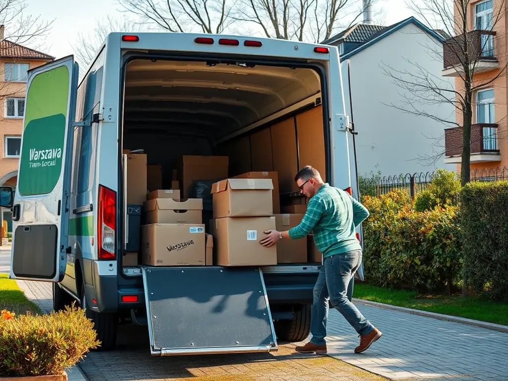 A photograph depicting a Warszawa Trans-Local van carefully loading boxes and furniture during an apartment move in a Warsaw residential area. The image should convey efficiency and care.
