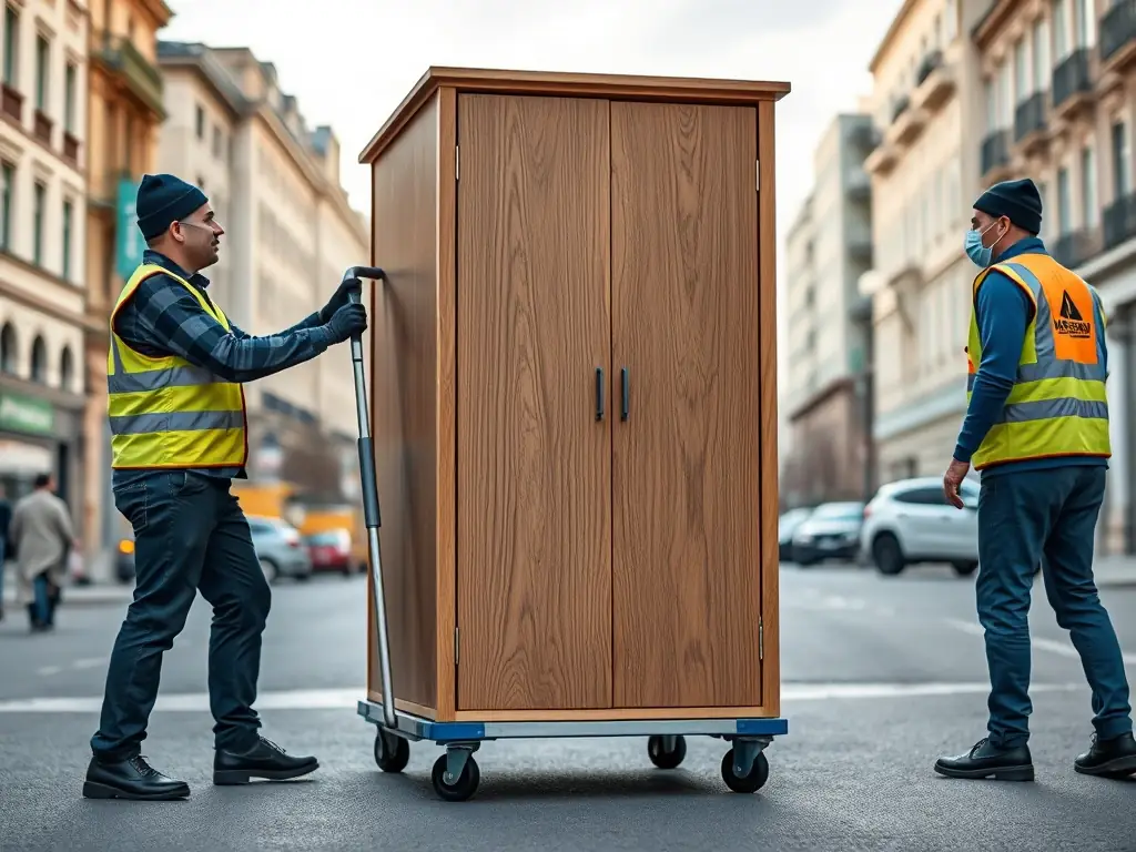 A photograph illustrating Warszawa Trans-Local employees carefully transporting a large piece of furniture using professional moving equipment in Warsaw. The image should emphasize safety and professionalism.