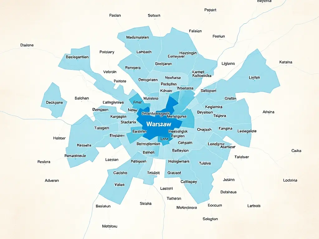 A map of Warsaw with the districts served by Warszawa Trans-Local highlighted in blue.
