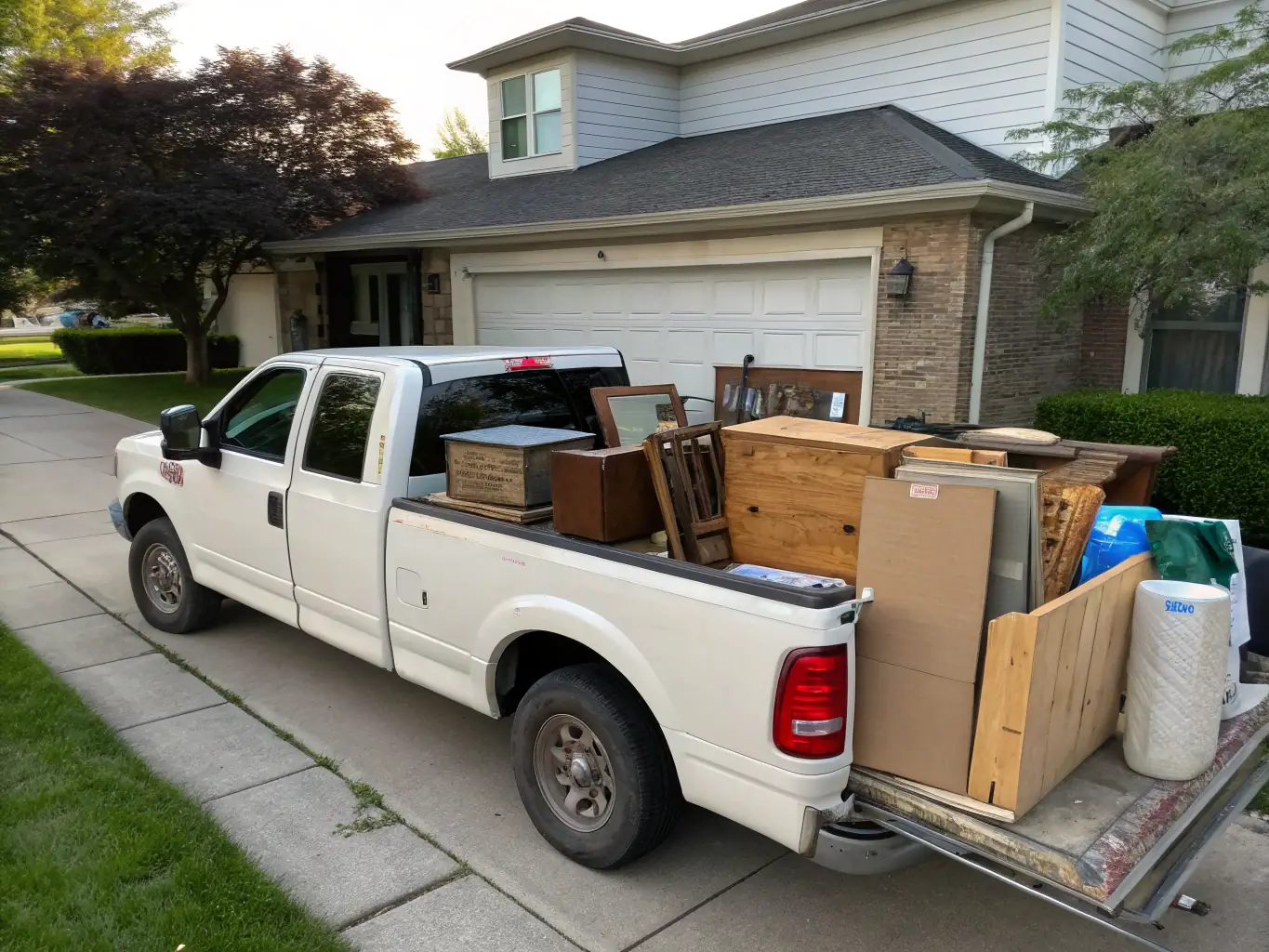 Zdjęcie vana załadowanego meblami i kartonami, gotowego do wyjazdu z mieszkania, na tle bloku mieszkalnego w Warszawie.